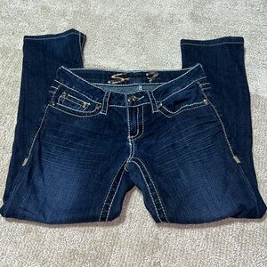 Seven7 Dark Wash Mid Rise Tulip Embellished Flare Jeans